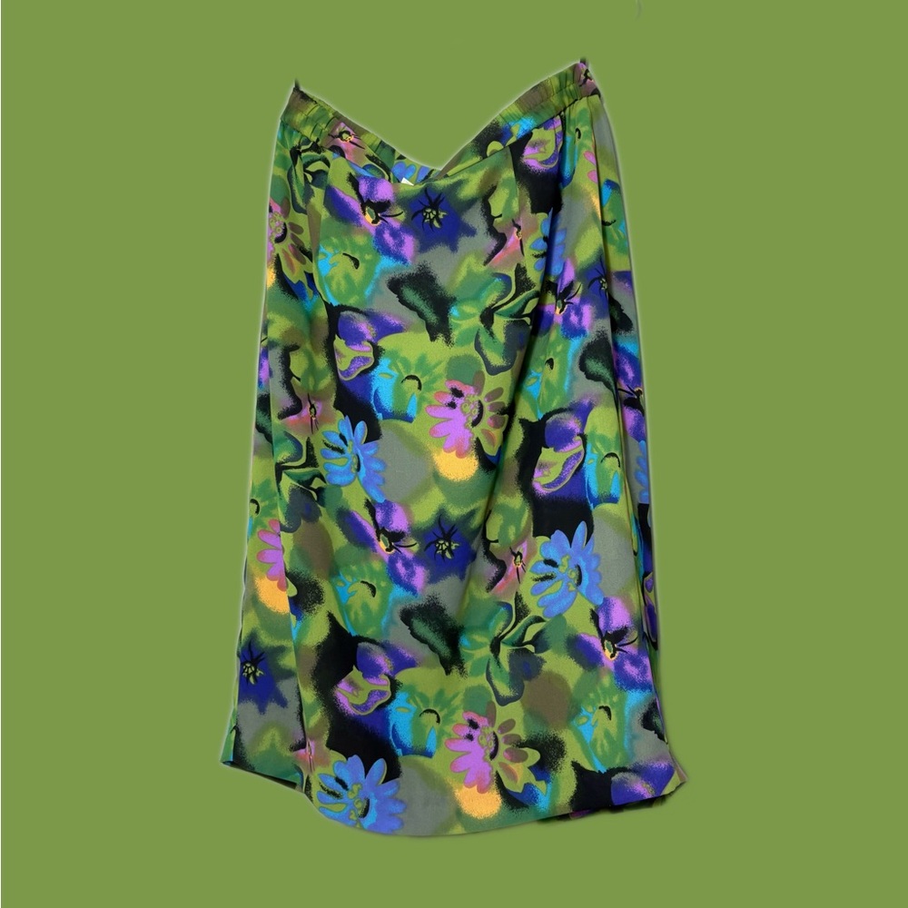 Vintage Women’s Floral Green Midi Skirt Silky Waist 28